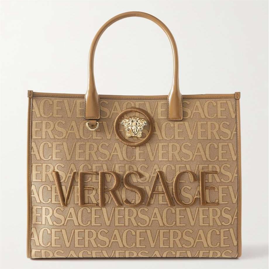 VERSACE Medusa leather-trimmed embroidered canvas-jacquard tote