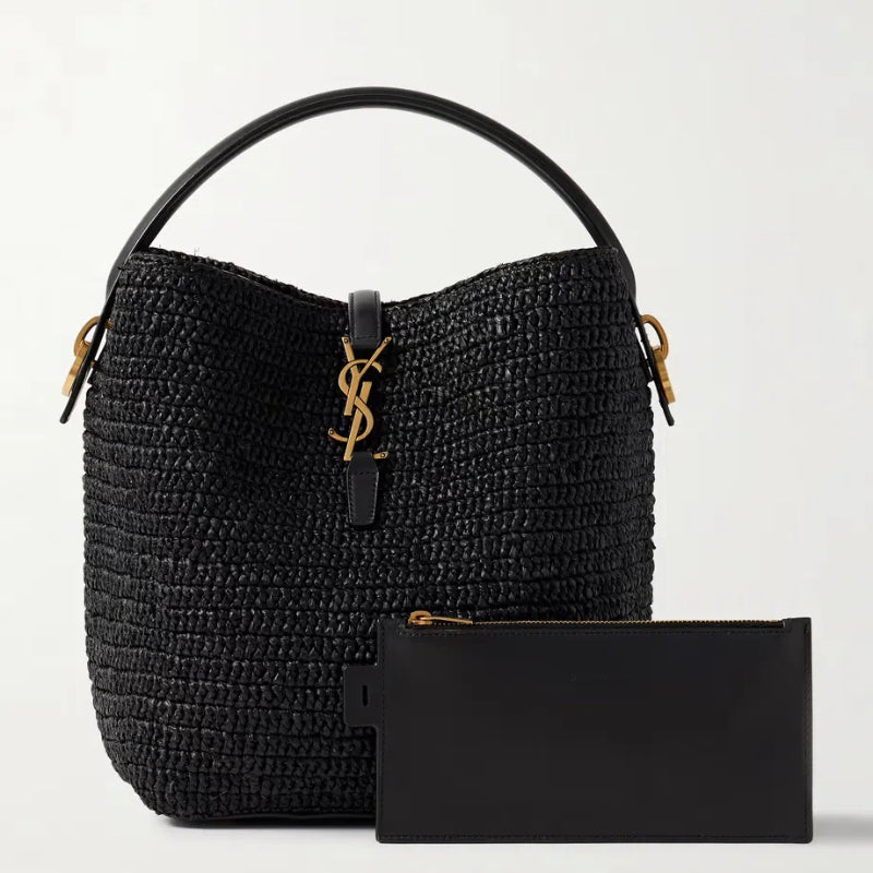 SAINT LAURENT Le 37 leather-trimmed raffia bucket bag