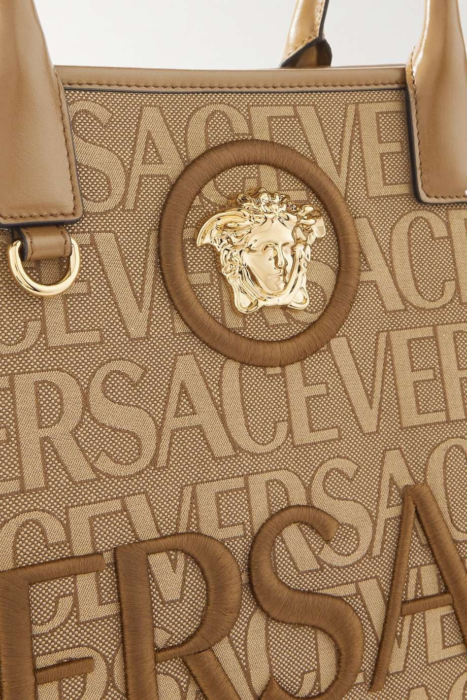 VERSACE Medusa leather-trimmed embroidered canvas-jacquard tote