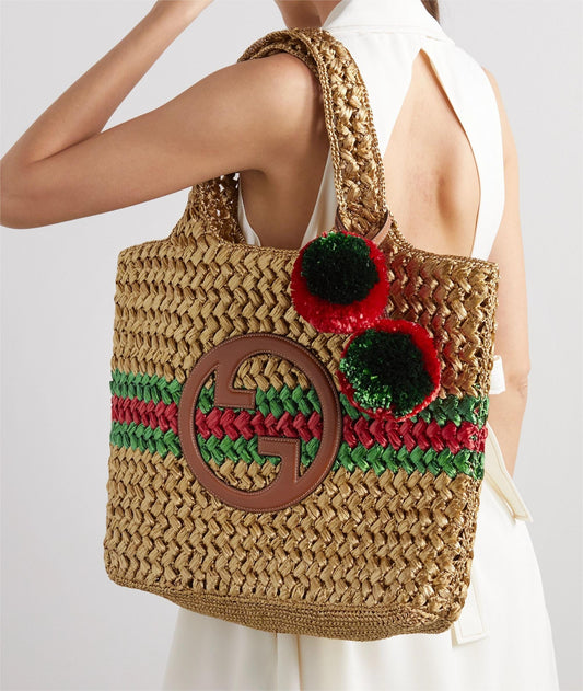 GUCCI Embellished leather-trimmed metallic crocheted raffia tote