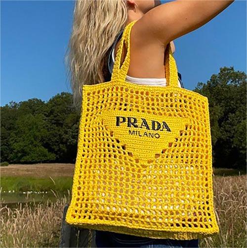 Prada Women's Natural Crochet Tote Bag-Yellow