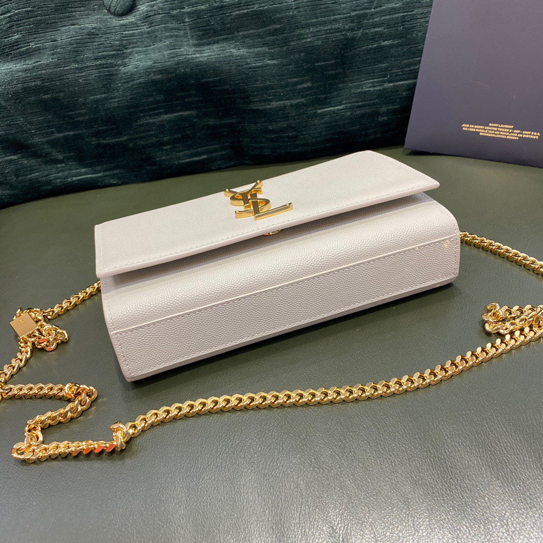 YSL Kate Small White Chain Bag In Grain De Poudre Embossed Leather 20 x 12.5 x 5 cm