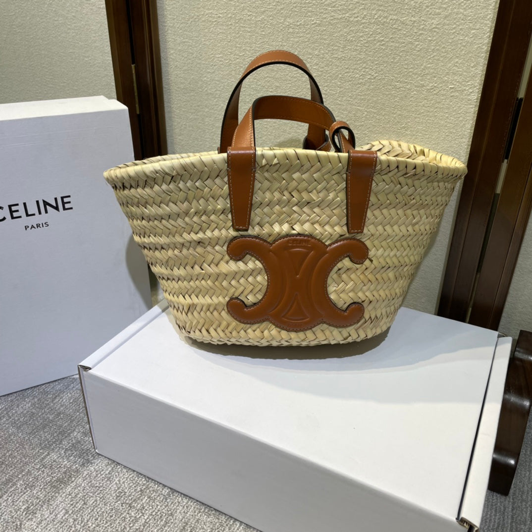 Celine Triomphe Raffia Tote In Brown - 19 X 20 X 10cm