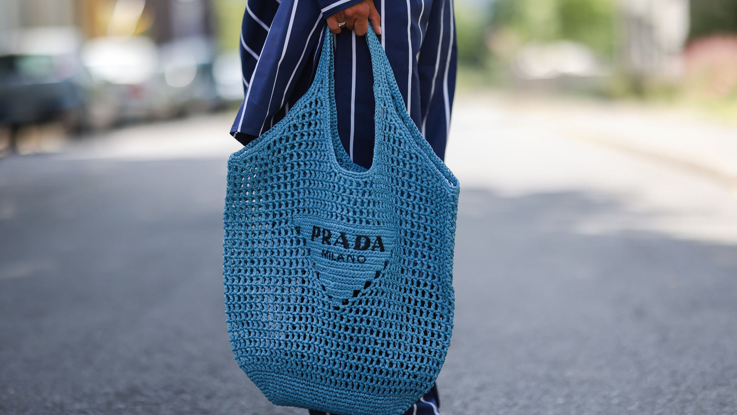 Prada Raffia Tote Bag-Blue