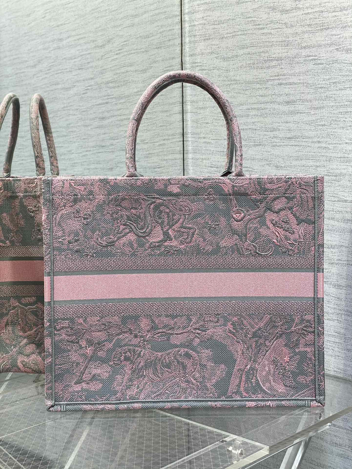 Dior Book Tote Large Gray and Pink Toile de Jouy Reverse Beverly Hills Embroidery - 42 x 35 x 18.5 cm