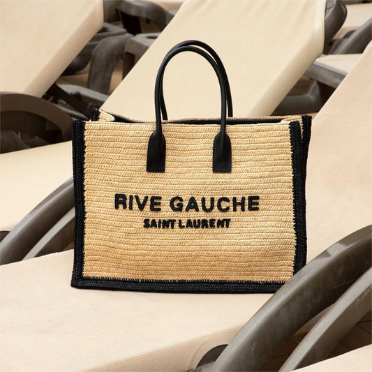 Saint Laurent RIVE GAUCHE TOTE BAG IN RAFFIA AND LEATHER