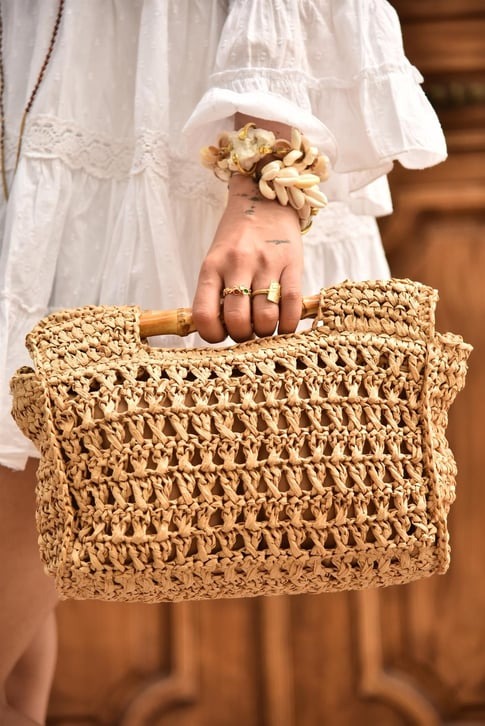 Camel Bamboo Handle Straw Bag