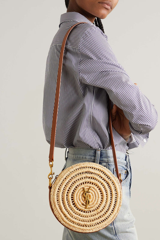 SAINT LAURENT Cassandre Round leather-trimmed raffia shoulder bag