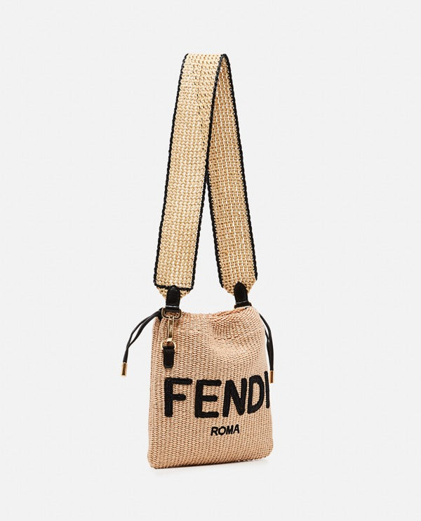 FENDI Sack Small Woven Straw Bag In Beige