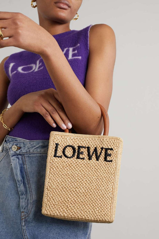 LOEWE Leather-trimmed raffia tote