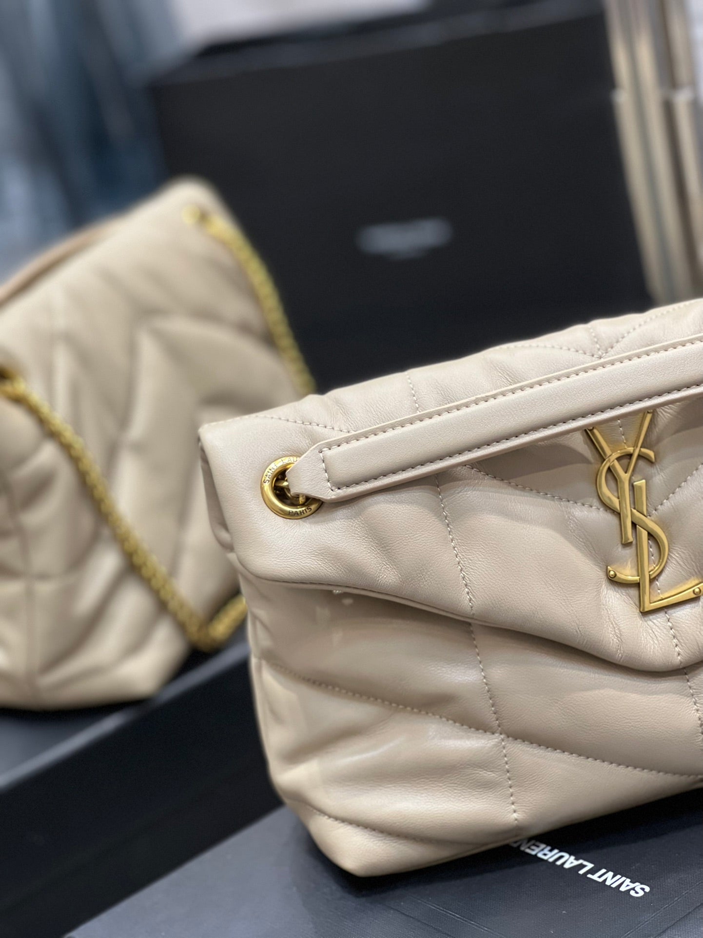 YSL Medium 29 Loulou Puffer Beige Lambskin Gold Hardware 29x17x11cm