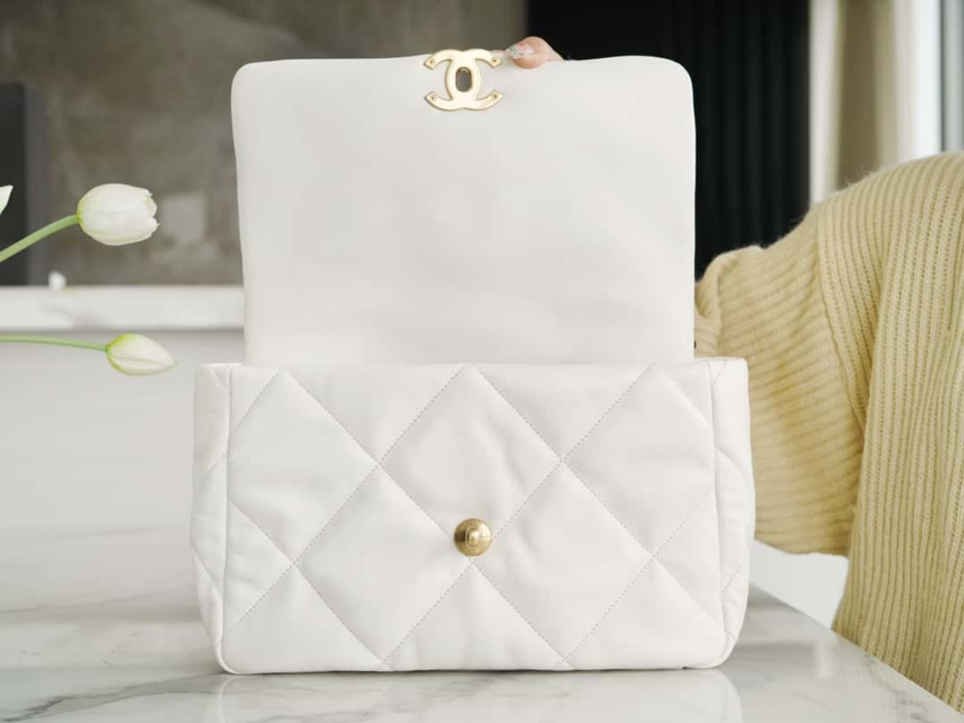 Chanel 19 Large Handbag Lambskin Gold AS1161 White