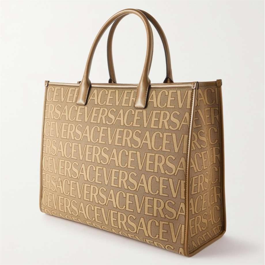 VERSACE Medusa leather-trimmed embroidered canvas-jacquard tote