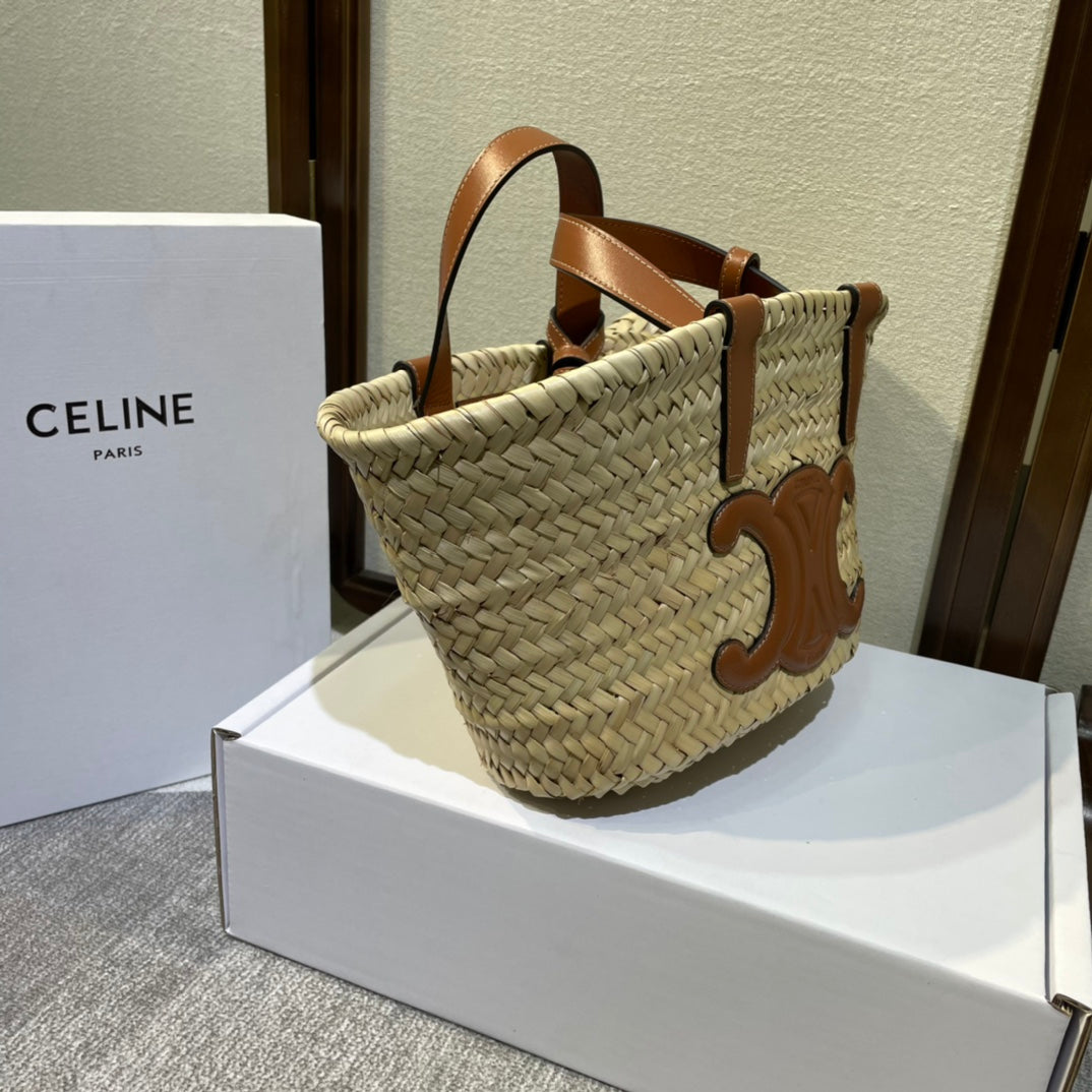 Celine Triomphe Raffia Tote In Brown - 19 X 20 X 10cm