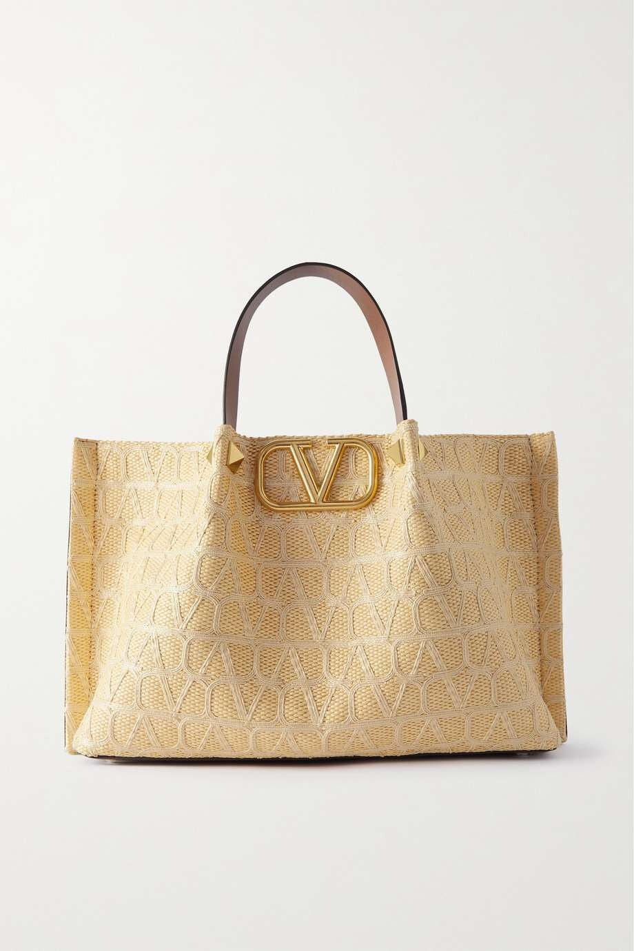 VALENTINO GARAVANI VLOGO medium leather-trimmed embroidered raffia tote