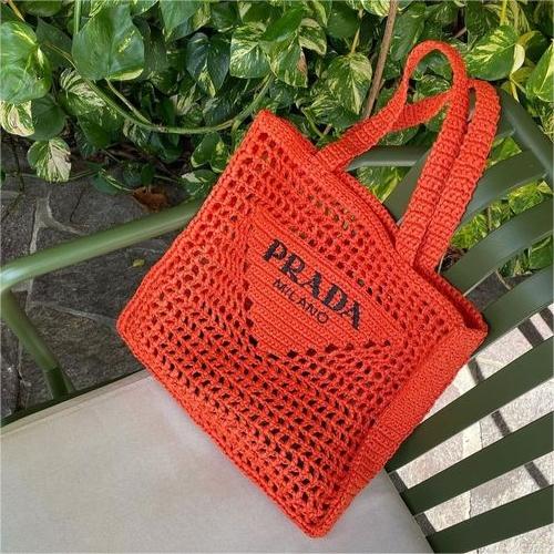 Prada Women's Natural Crochet Tote Bag-Orange