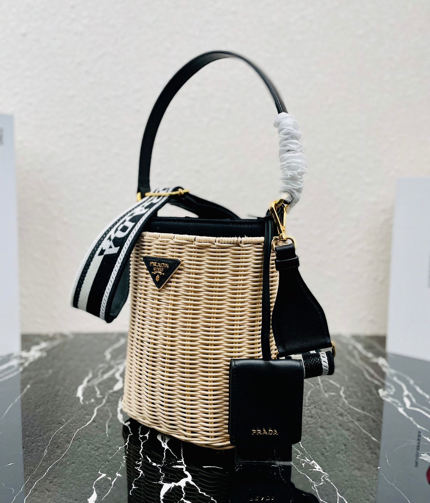 Prada Wicker And Canvas Bucket Bag TanBlack size 18x19x11 cm