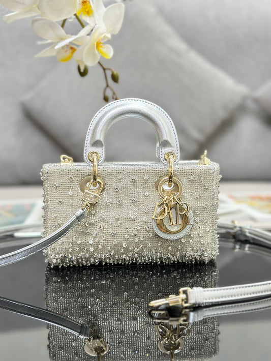 Dior LAdy D-Joy Silver-Tone Satin with Gradient Bead Embroidery - 16 x 9 x 5 cm