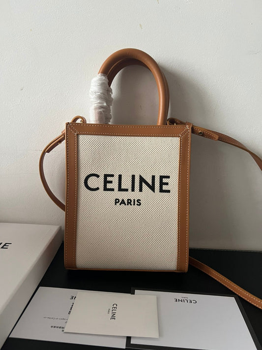 Celine Natural Canvas & Tan Calfskin Vertical Cabas - 17x21x4cm