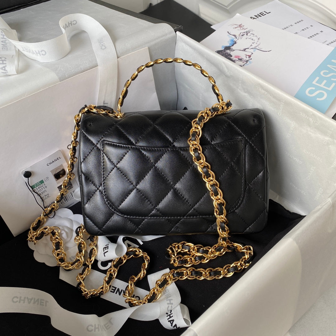 Chanel Flap Bag Gold Top Handle Black - 13X21X8cm