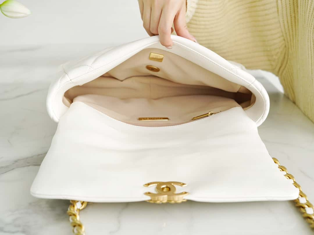 Chanel 19 Large Handbag Lambskin Gold AS1161 White