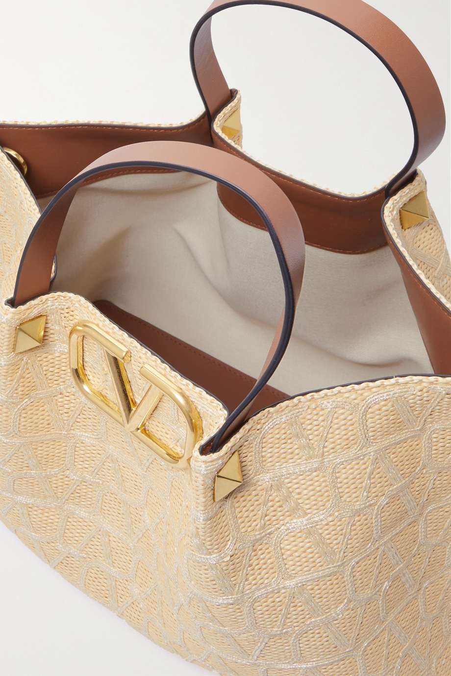 VALENTINO GARAVANI VLOGO medium leather-trimmed embroidered raffia tote