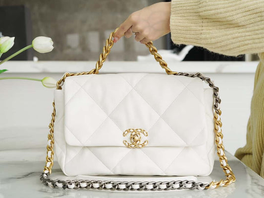 Chanel 19 Large Handbag Lambskin Gold AS1161 White