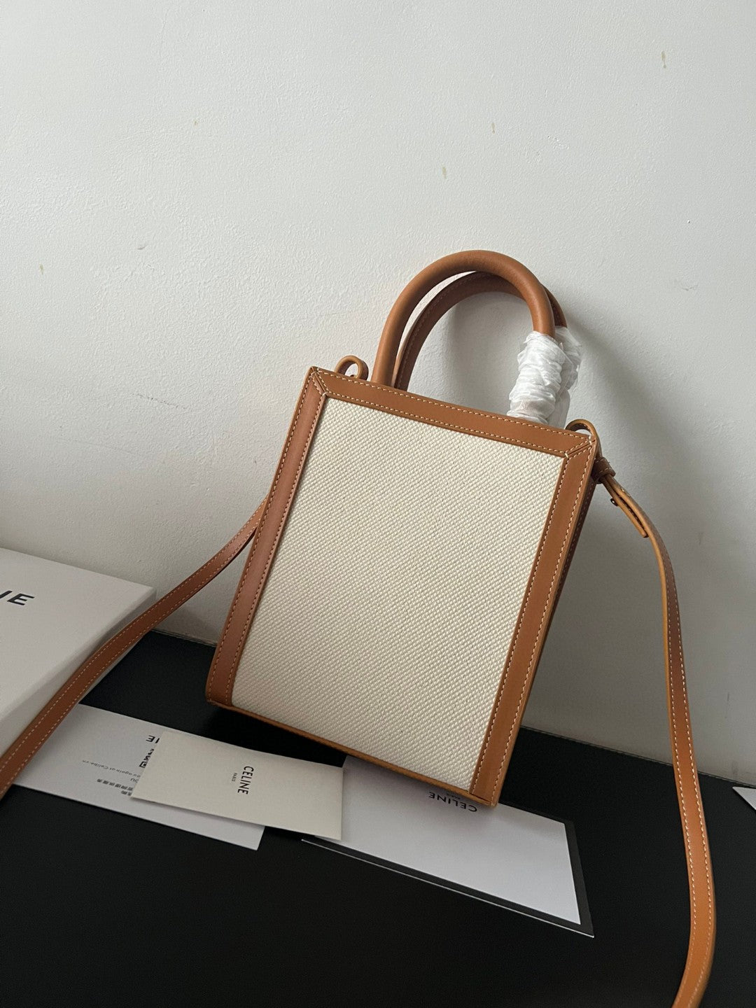 Celine Natural Canvas & Tan Calfskin Vertical Cabas - 17x21x4cm