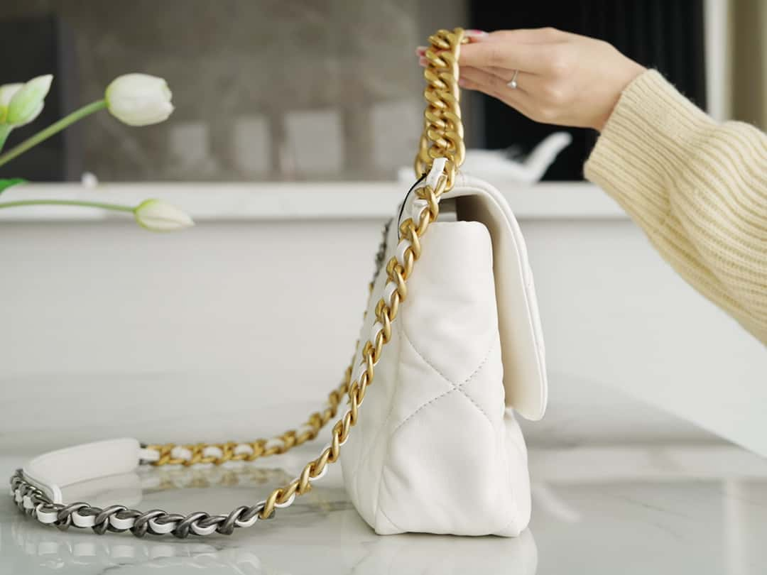 Chanel 19 Large Handbag Lambskin Gold AS1161 White