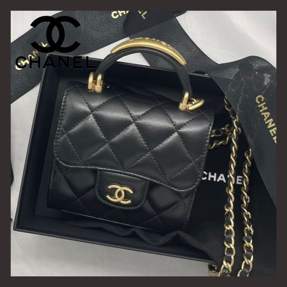 Bagsaaa Chanel Flap Bag Lambskin Leather Gold Handle In Black