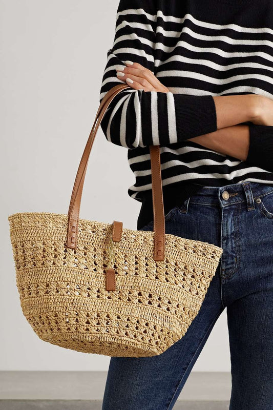 SAINT LAURENT Panier small leather-trimmed raffia tote