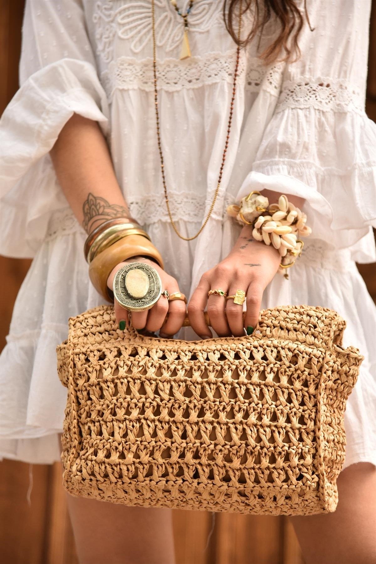 Camel Bamboo Handle Straw Bag