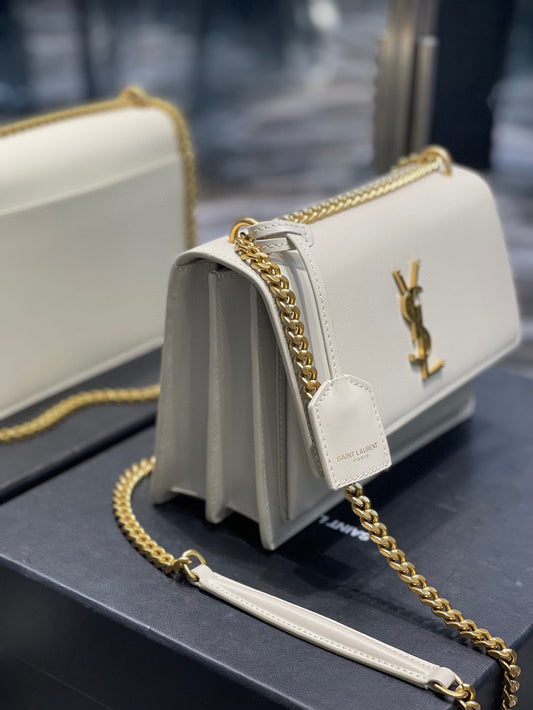 YSL Medium Sunset Bag 22 White Lambskin Gold Tone 22 x 16 x 8cm