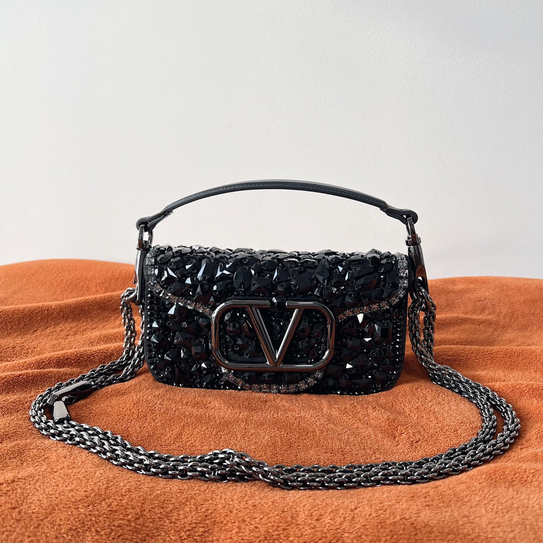 Valentino Garavani Mini Locò Black Crystal - 19 x 10.5 x 5 cm